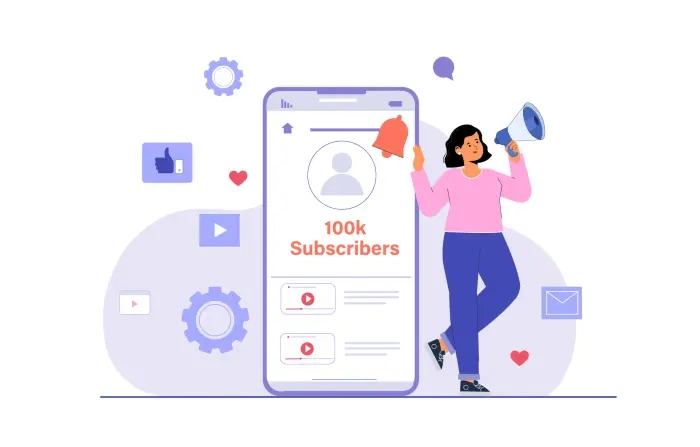 100k Subscribers Completed on Social Media Girl Illustration image