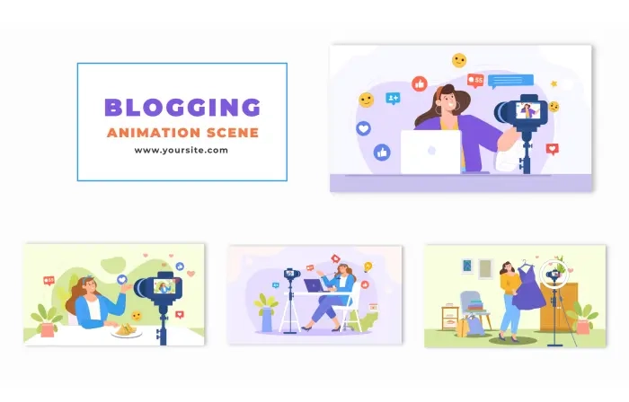 2D Cartoon Character Blogging Scene Animation