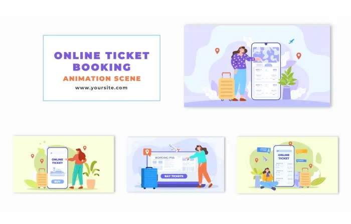 2D Character Design Online Travel Ticket Booking Animation Scene