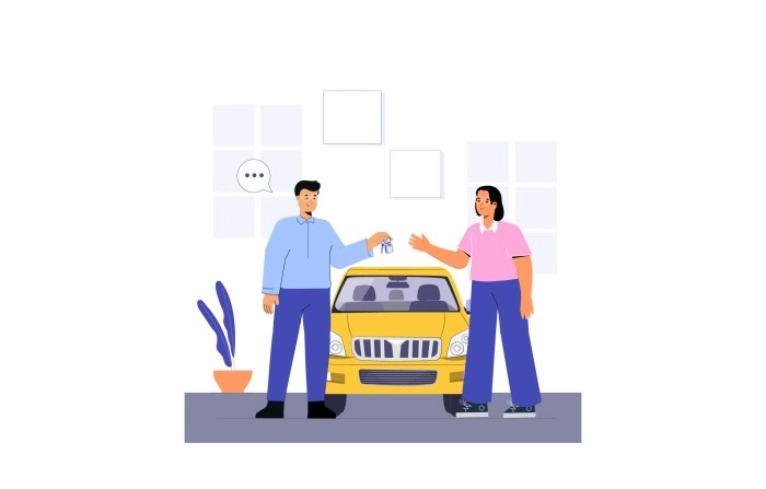 2D Flat Character Illustration Of Buying A New Car