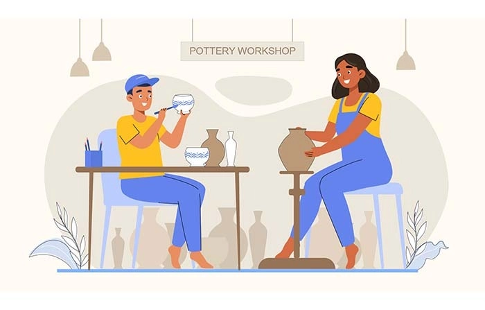 2D Flat Character Illustration Of Pottery Workshop