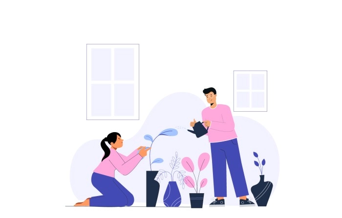 A Boy And Girl Watering Plants 2d Character Illustration image