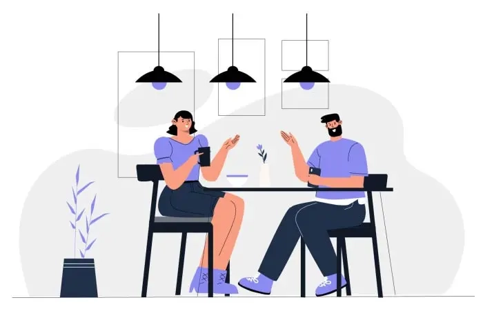 A Couple Are Sitting at a Table Drinking Coffee in a Cafe Illustration