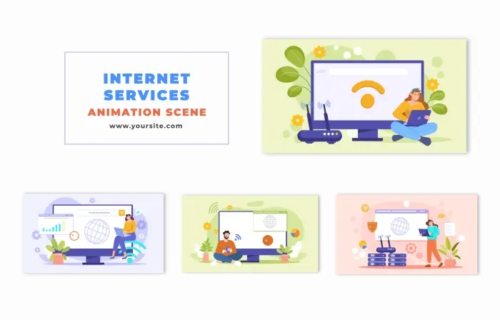 Animated Scene Featuring 2D Vector Characters and Internet Services