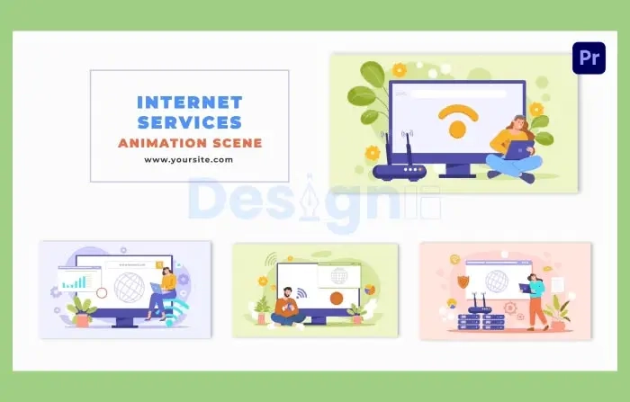 Animated Scene Featuring Vector Characters and Internet Services