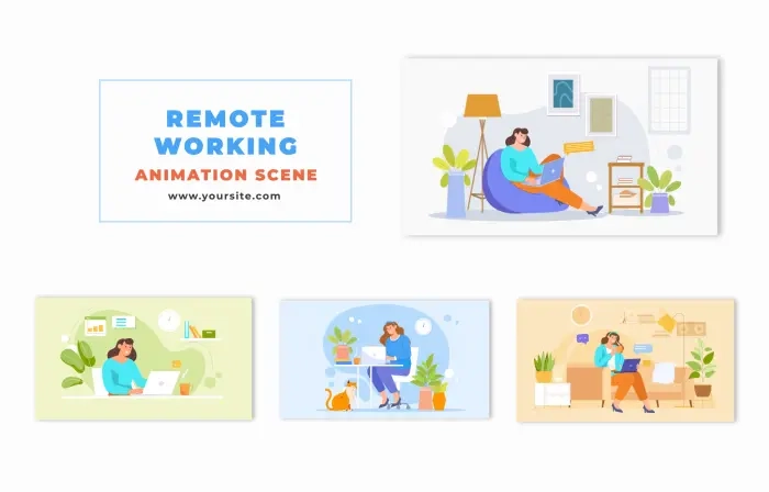 Animation Scene with Flat Character Female Working Remotely