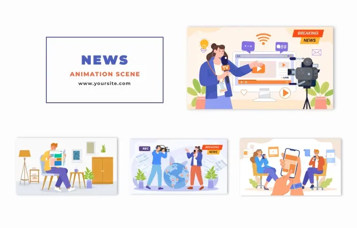 Animation Scene with Flat Characters and News Concept