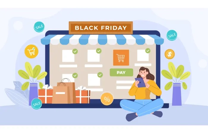 Black Friday Sale Girl Flat Character Online Shopping Cartoon Illustration