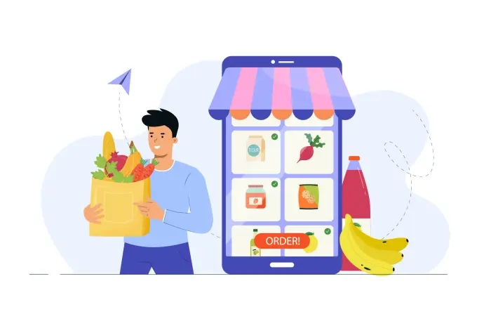 Boy Ordering Online Grocery Character Illustration image