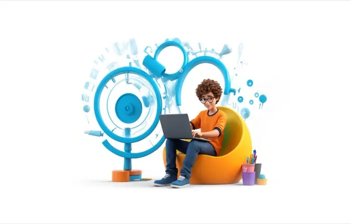 Boy Working with Laptop Best 3D Template Design Illustration