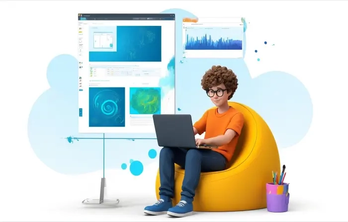 Boy Working with Laptop Modern 3D Illustration