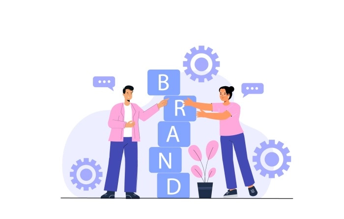 Brand Building Men And Women Flat Character Illustration