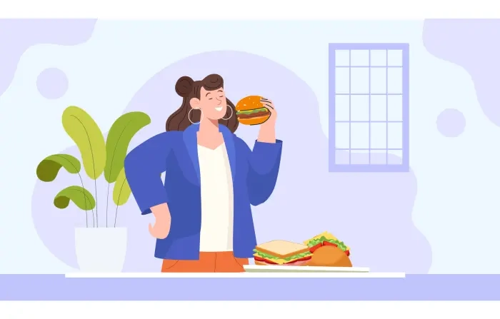 Burger Eating Girl 2D Vector Illustration