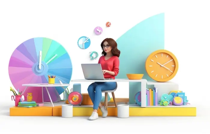 Business Scaling Girl Working on Desk 3D Character Illustration