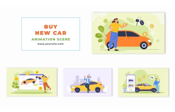 Buying New Car Cartoon Character Design Animation Scene