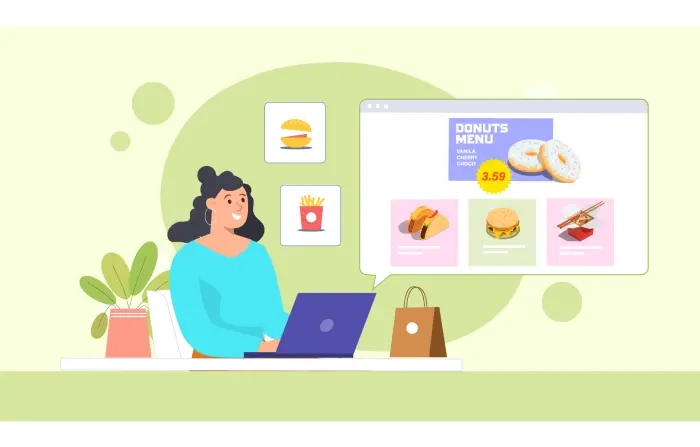Cartoon Character Ordering Food Through Laptop Vector Illustration