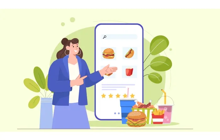 Cartoon Design Girl Placing an Online Fast Food Meal Order Illustration