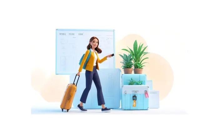 Character Design Illustration of 3D Traveler Girl with Suitcase