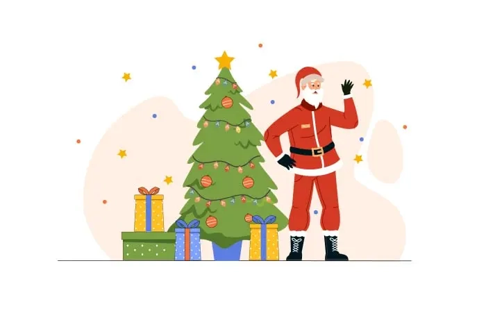 Christmas Tree Stock Illustration with Cartoon Santa Claus