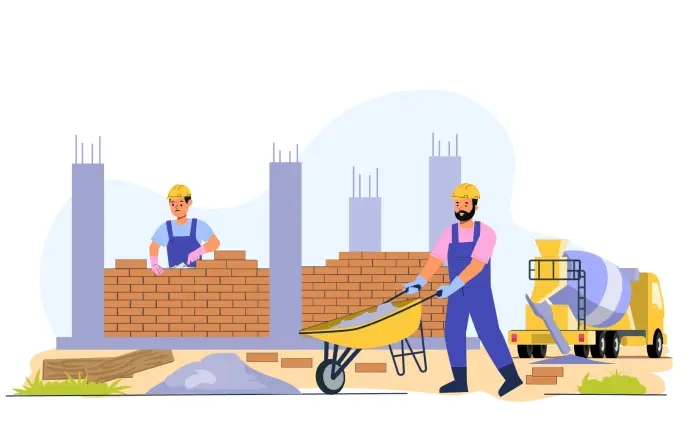 Construction Workers Installing Brick Wall Flat Character Illustration