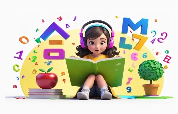 Creative Cute Girl Studying with Relax Headset 3D Avtar Illustration
