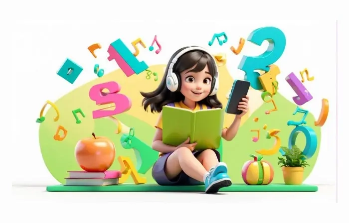 Creative Girl Studying with Hearing Music 3D Cartoon Illustration image