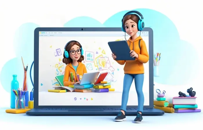 Creative Online Learning Girl Stunning Illustration Template
