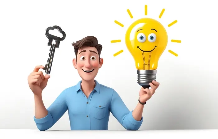 Creative Thinking Man with Key and Bulb 3D Cartoon Illustration