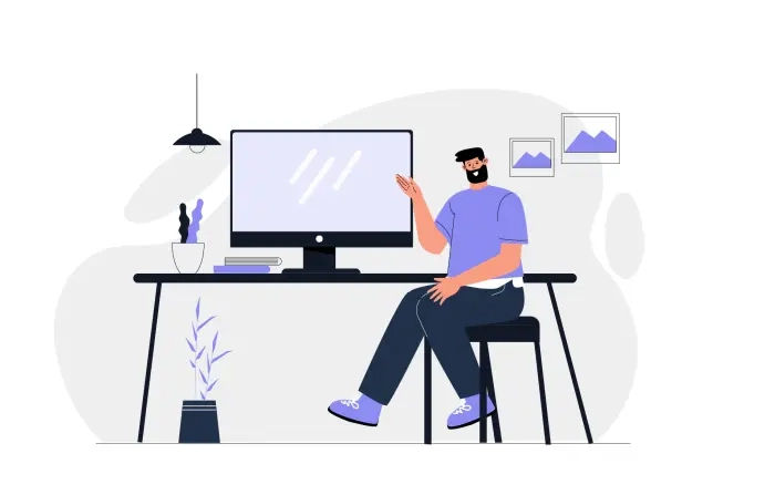 Creative Workspace Desk with Computer Flat Character Design Illustration