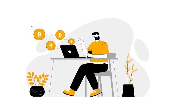 Cryptocurrency Trading Concept Man on Desk Flat Character Illustration image