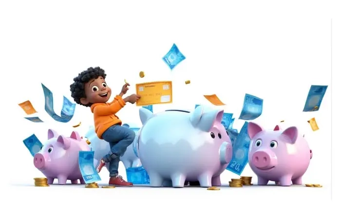 Cute Boy Saving Money 3DCartoon Illustration