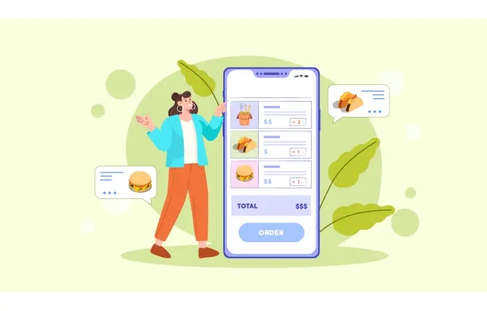 Cute Cartoon Girl Character Ordering Food Online Vector Illustration