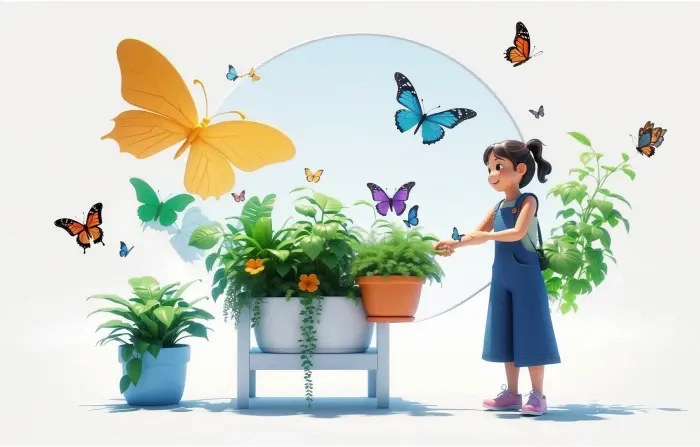 Cute Girl Playing with Butterflies in Garden Illustration