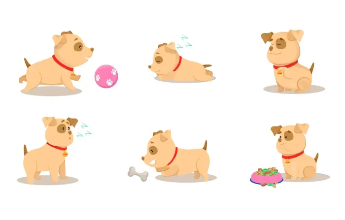 Cute cartoon dog in different activity Vector Illustration