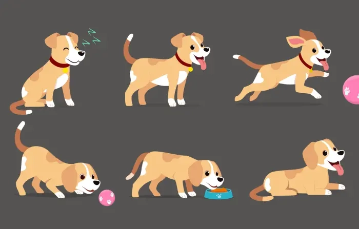 Cute cartoon dog in different positions Vector Illustration
