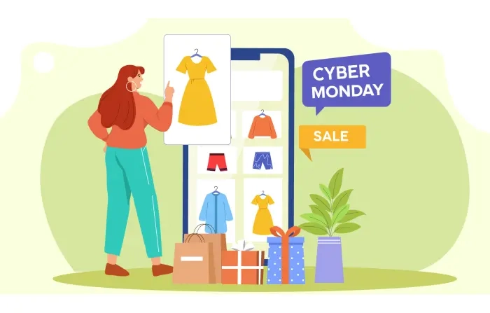 Cyber Monday Girl Shopping Online Flat 2D Design Illustration