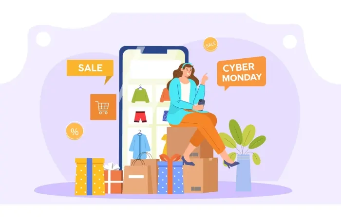 Cyber Monday Girl Shopping Online Flat Vector Design Illustration image