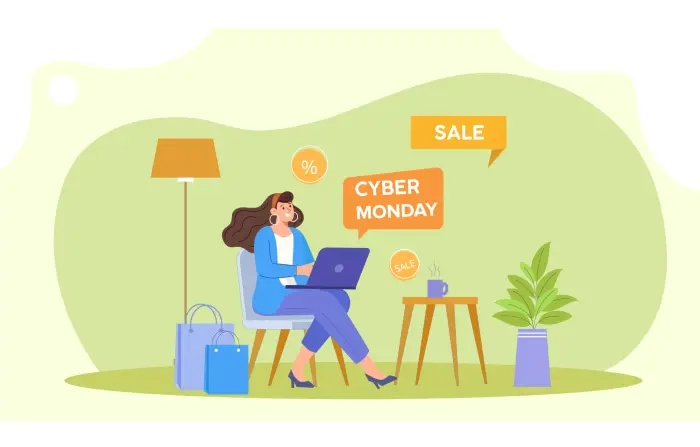 Cyber Monday Girl Shopping Online Vector 2D Illustration