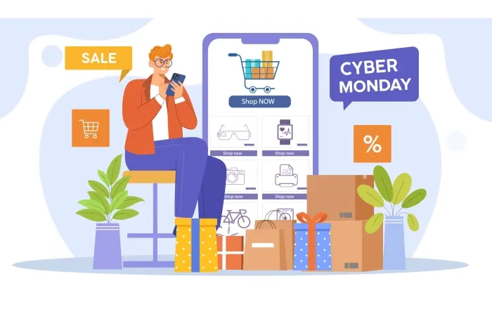 Cyber Monday Sale Man Shopping Online Flat Character Illustration