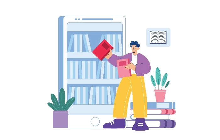 Digital Book Shelf And Student Character Illustration