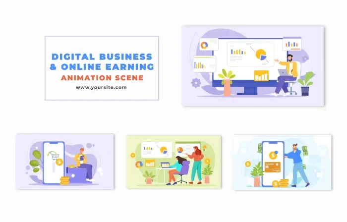 Digital Business and Online Earning Concepts in Vector Animation Scene