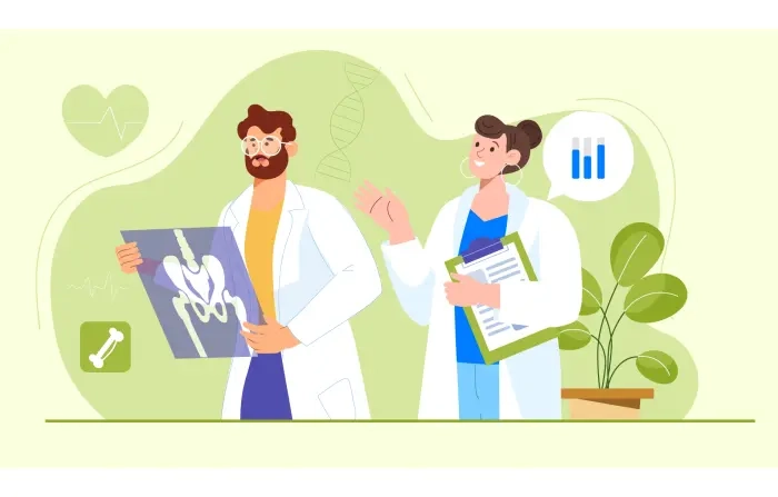 Doctors Team Reviewing X-Ray in Flat Design Illustration