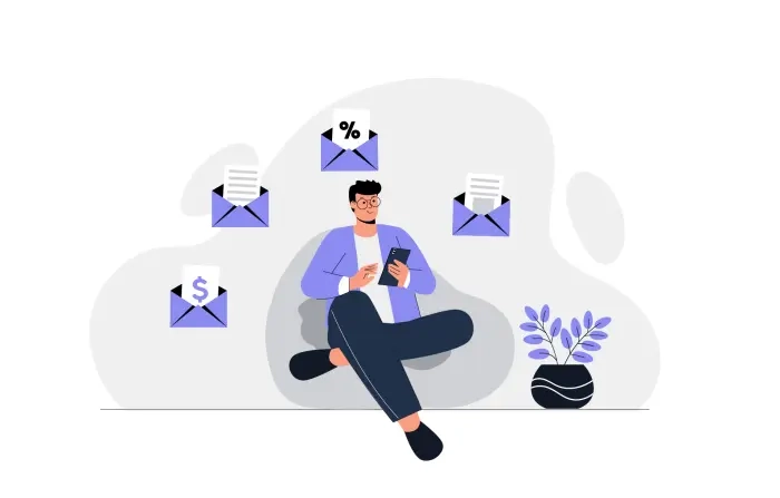Email Communication Workspace 2D Man Character Illustration