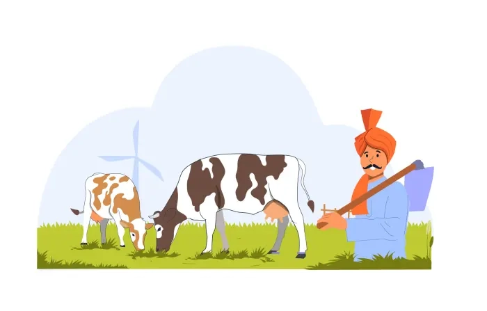 Farmer Feeding Cows in Farm Vector Illustration
