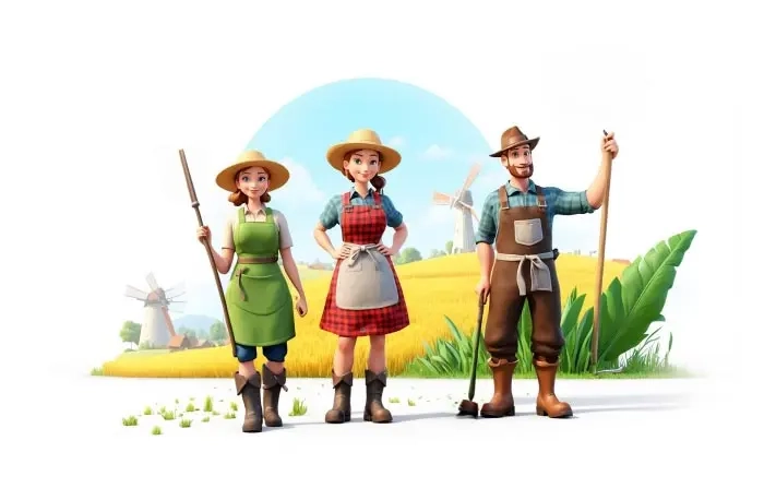 Farmer Standing in Farm with His Family 3D Character Illustration