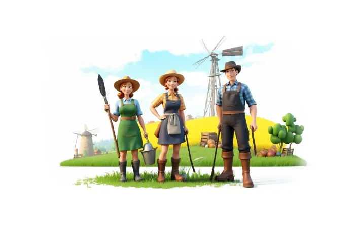 Farmer Standing in Farm with His Family 3D Design Character Illustration