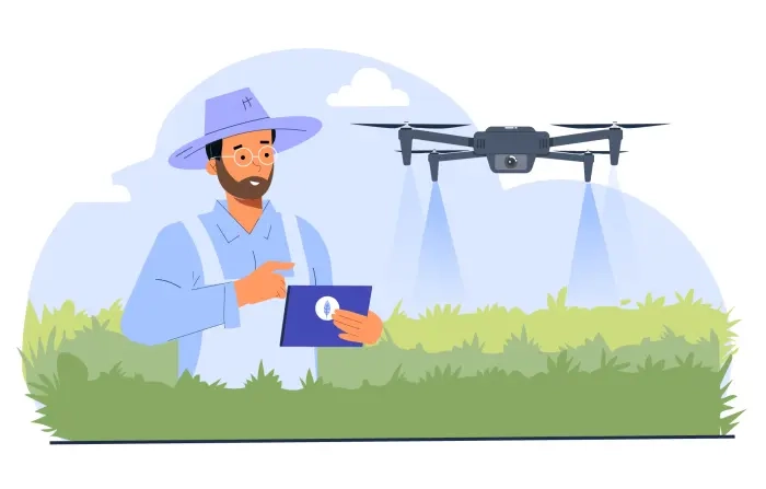 Farmer Using Tablet to Control Drone Vector Illustration