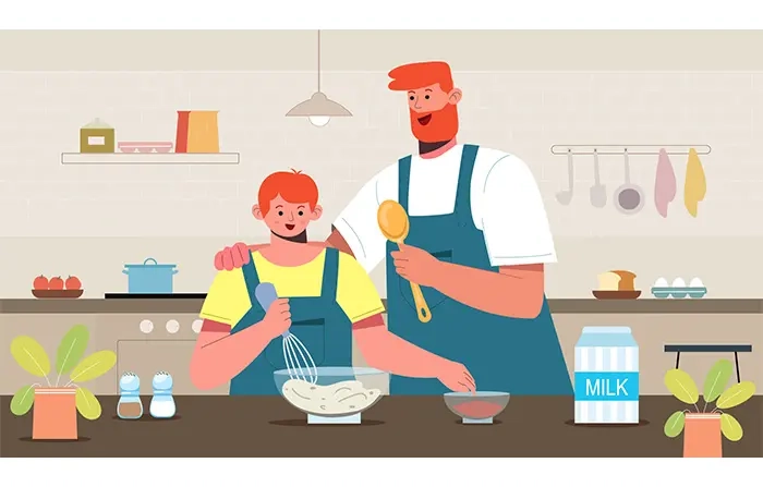 Father and Son in the Kitchen Cocking Food Vector Illustration image