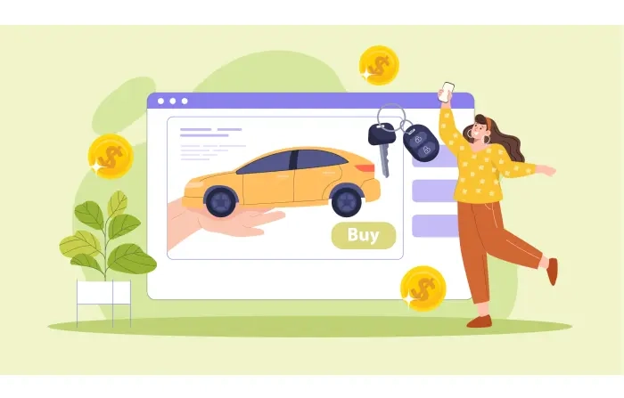 Female Buying a New Car Online Flat Character Artwork Illustration image