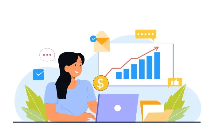 Financial Expert Woman Financier with Laptop Growing Graph and Business Icons Illustration